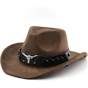 Western Cowboy Hat Faux Suede Wide Brim With Metal Bull Head Leather Band Vintage Jazz Fedora Riding Hat For Men Women