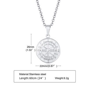 Detailed view of silver stainless steel compass pendant with precise size and chain dimensions