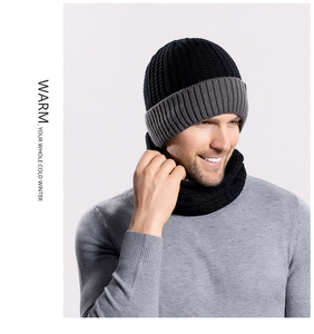 Close-up of winter knit beanie and neck warmer set with thermal fleece lining for men