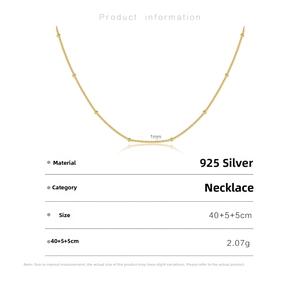 Detail of 925 sterling silver box chain necklace with gold beads and size specifications