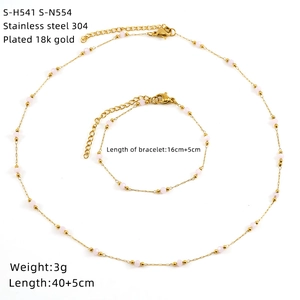 Detailed specs of 18K gold plated stainless steel necklace and bracelet set with pink beads