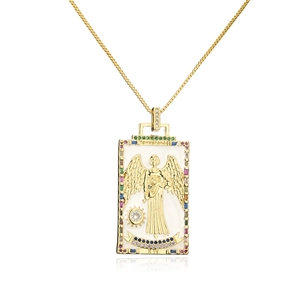 Detailed macro of 18K gold plated Tarot Temperance pendant with colorful zircon stones