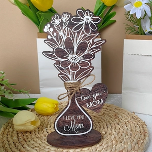 Detail of wooden flower vase decor with Love You Mom print and rustic jute twine