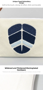 Detail der Handtuchstickerei auf Canvas-Tasche mit galvanisierter Metallbeschläge