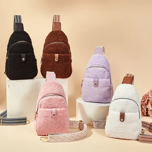 Fleece crossbody bags with geometric straps in black brown pink purple and white