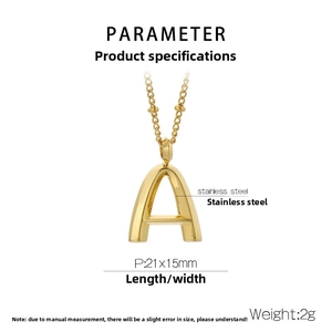 Detail view of golden stainless steel 'A' letter pendant with 21x15mm dimensions