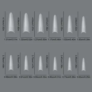 Size chart showing 12 sizes of ultra-thin stiletto nail tips with precise measurements