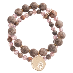 Double-layer beaded bracelet with leaf pendant and mixed stone crystals for women