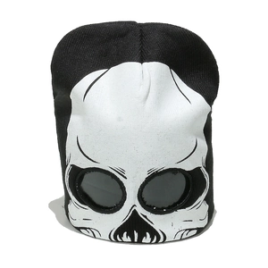Detail of knitted skull balaclava with integrated goggles on white background