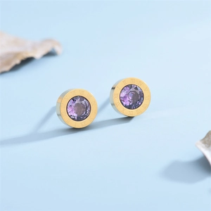 Close-up of gold titanium steel studs with Roman numerals and purple zircon stone