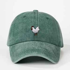 Adjustable dark green washed cotton baseball cap featuring a detailed rooster embroidery