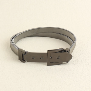 Macro view of dark grey elastic metal spring belt with a polished square buckle