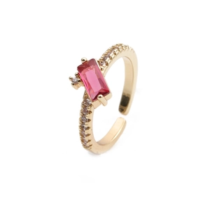 18K gold plated adjustable ring with rectangular pink gemstone and micro-pave zircons