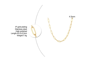 Detail of gold-plated stainless steel paperclip chain necklace with technical dimensions