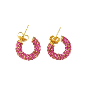 Luxurious gold-plated hoop earrings featuring micro-pave pink round-cut cubic zirconia crystals