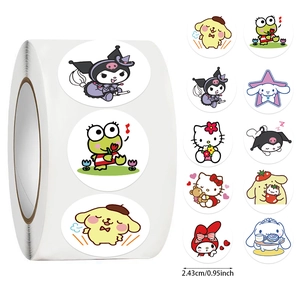 Detailed size view showing 2.43cm diameter of colorful Sanrio character reward stickers