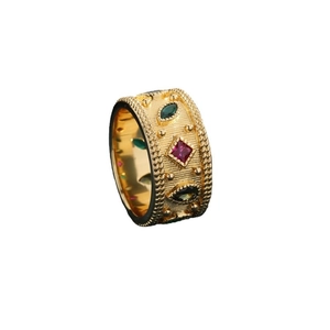 Luxurious gold-plated ring with colorful zirconia and vintage brushed metal texture