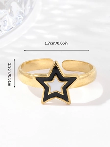 Adjustable gold-plated star ring with black and white enamel star-shaped pendant