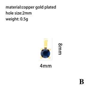 Detail of 4mm round blue zircon pendant in 18K gold plated copper with size markings