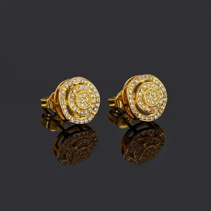 Luxury gold hip hop round stud earrings for men featuring micro-paved white zircon crystals