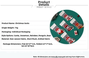Detail showing specifications for five grey and red plush Christmas stocking decorations