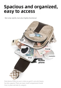Large khaki canvas crossbody chest bag showing spacious interior for iPad and daily items