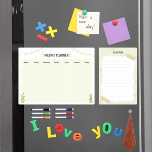 Detailed view of magnetic weekly planner set with 8 markers and icons on gray fridge