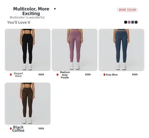 Détail de leggings de yoga taille haute en noir, violet, bleu et marron foncé