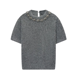 Maglione In Maglia A Maniche Corte Donna Girocollo Con Perline Decorazione Floreale Strass Poliestere Grigio Elegante
