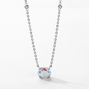 S925 silver necklace with oval colorful opal pendant and small cubic zirconia stones
