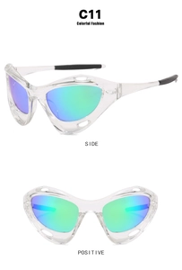 Detailed side and front view of transparent sporty Y2K sunglasses with green lenses