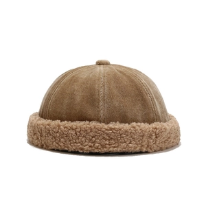 Khaki corduroy docker hat with plush fleece trim for women, winter warm style