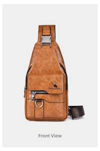 Close-up of brown vintage leather chest bag showing metallic buckle and logo detail