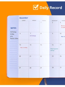 Detailed grid layout of the December monthly planner page with a daily record section