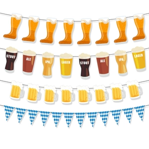 Close-up of four beer festival buntings including mugs, steins, and blue check pennants