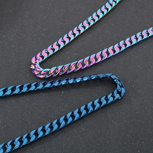 Detail of 15mm Cuban link chains in iridescent rainbow and blue plated stainless steel