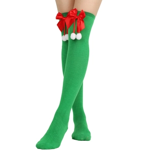 Christmas over-the-knee socks with red ribbons and white pom-poms on green and red stripes