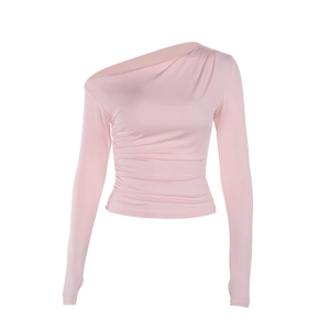 Slim fit light pink off-shoulder long sleeve top with ruched side details on white background