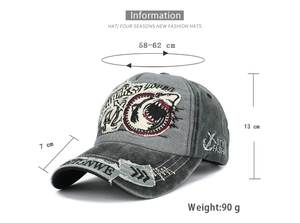 Detail view of vintage cotton shark baseball cap with sizing measurements and retro embroidery