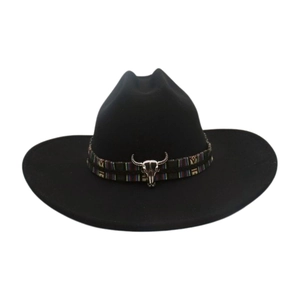 Detailed view of a black cowboy hat featuring a woven band and silver bull skull