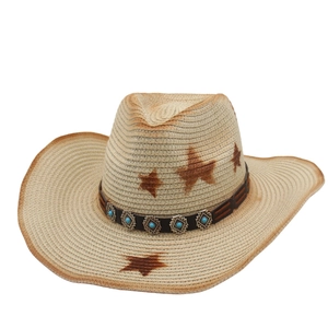 Western Cowboy Straw Hat Vintage Pentagram Star Print Wide Brim Bohemian Ethnic Sunshade Beach Travel With Adjustable Rope