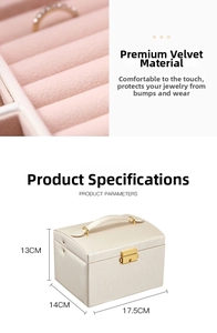 Close-up of soft pink velvet lining and 17.5x14x13cm dimensions of jewelry box