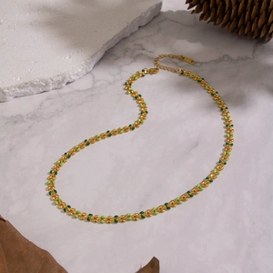 Vintage 18K gold plated stainless steel leaf necklace with green enamel on marble stone