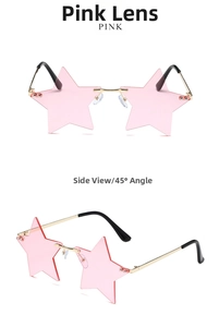 Star-shaped rimless sunglasses with pink lenses and gold metal frame from two angles