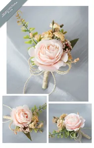 Detail of watermelon pink artificial rose boutonniere with golden rope handle and bow