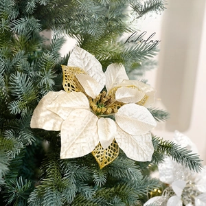 25cm champagne gold artificial poinsettia flower with glitter for Christmas tree decoration
