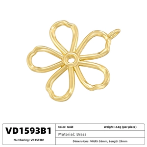 Macro detail of gold flower pendant in brass with dimensions and weight specifications
