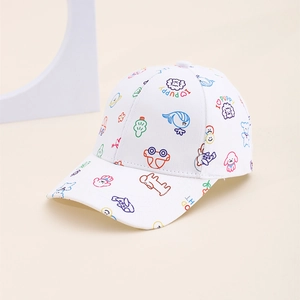 Detailed view of kids white baseball cap with colorful cartoon doodles and I LOVE PUPPY text