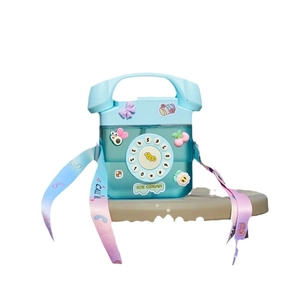 Creative blue telephone-shaped kids water bottle with 3D charms and gradient shoulder strap
