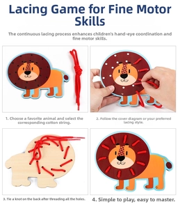 Four-step tutorial showing lion wooden threading toy for fine motor skill training